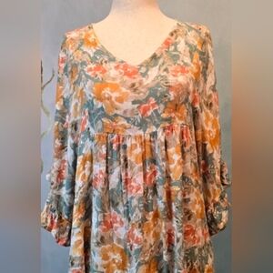 Boho Floral V-Neck Flowy Gauzy 3/4 Sleeve Blouse Sage Green Gold Coral Cream S